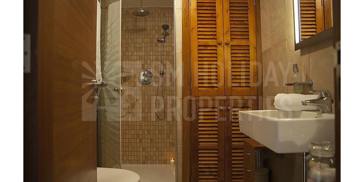 Apartamento Playa de Alcudia - Baño completo con ducha de azulejos y madera.