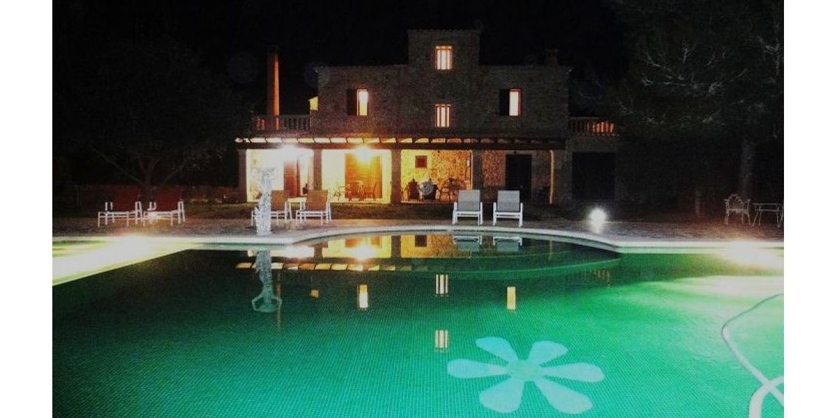 View of the pool at night.